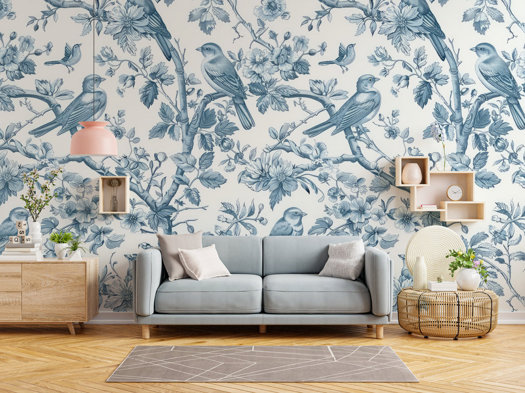 Blue Bird Toile Wallpaper : French Floral Branch Mural