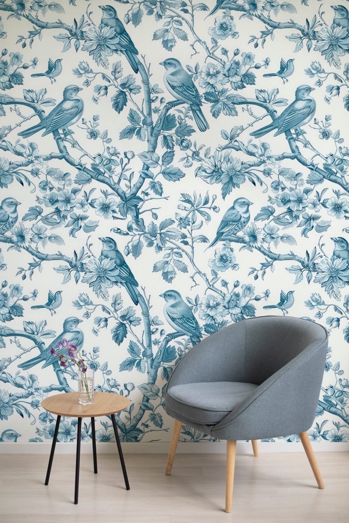 Blue Bird Toile Wallpaper : French Floral Branch Mural - View 2