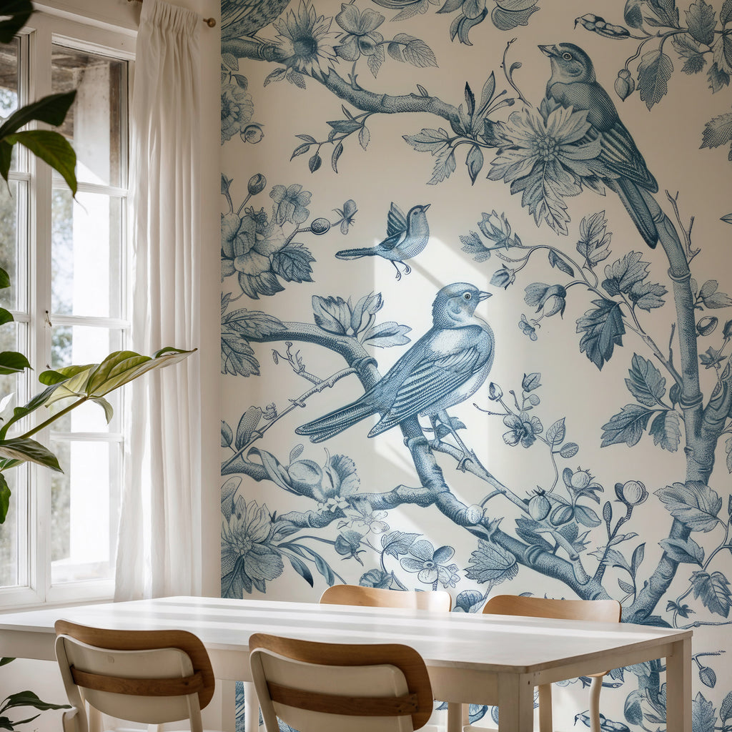 Blue Bird Toile Wallpaper : French Floral Branch Mural - View 3