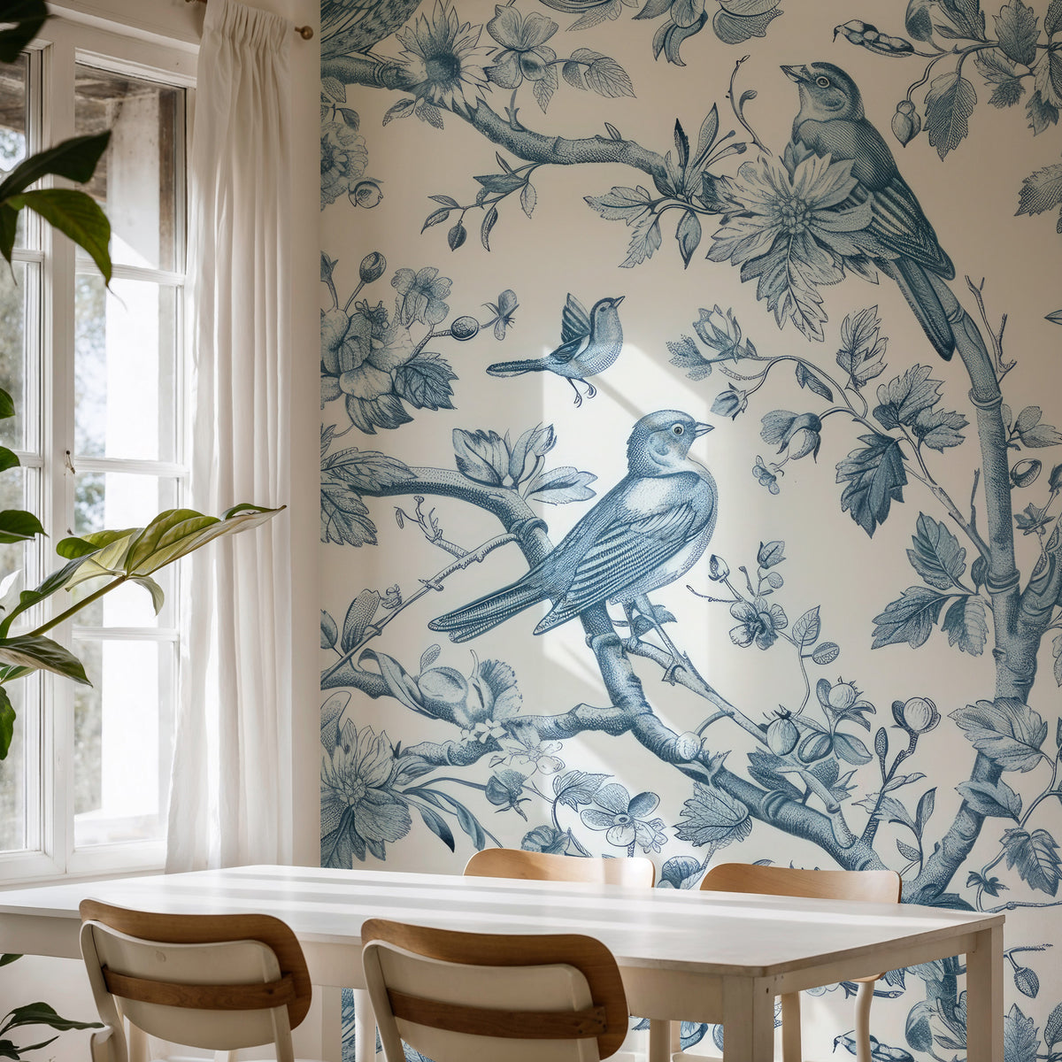 Blue Bird Toile Wallpaper : French Floral Branch Mural - View 3