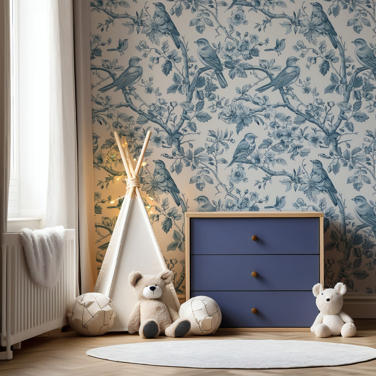 Blue Bird Toile Wallpaper : French Floral Branch Mural - View 4