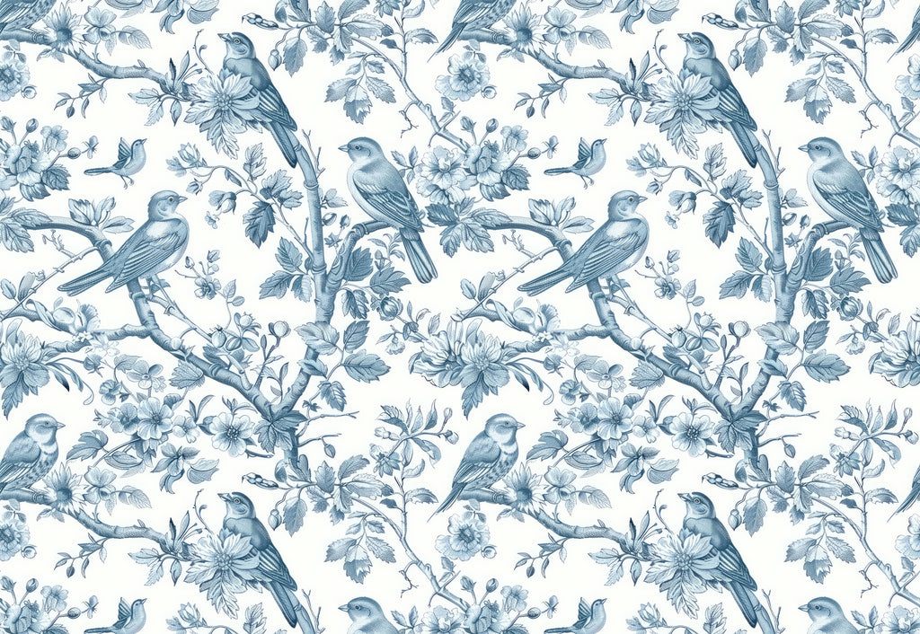 Blue Bird Toile Wallpaper : French Floral Branch Mural - flat design