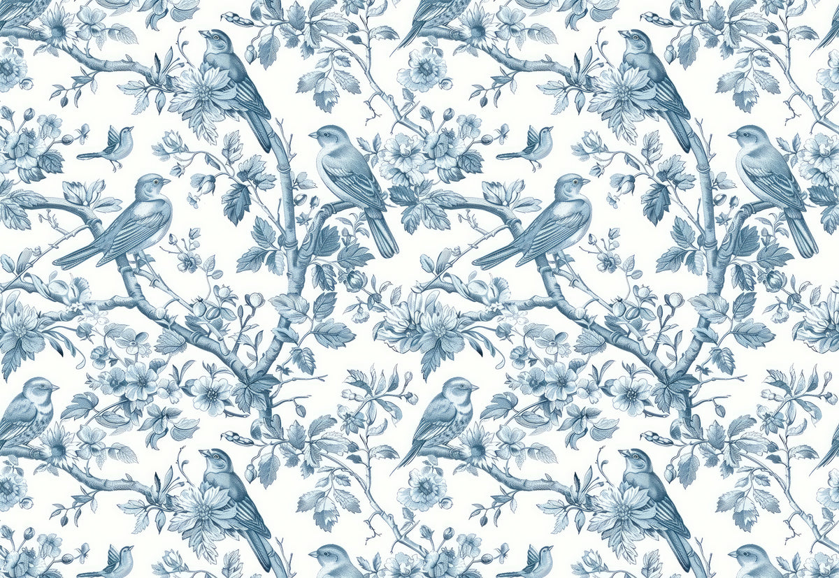 Blue Bird Toile Wallpaper : French Floral Branch Mural - flat design