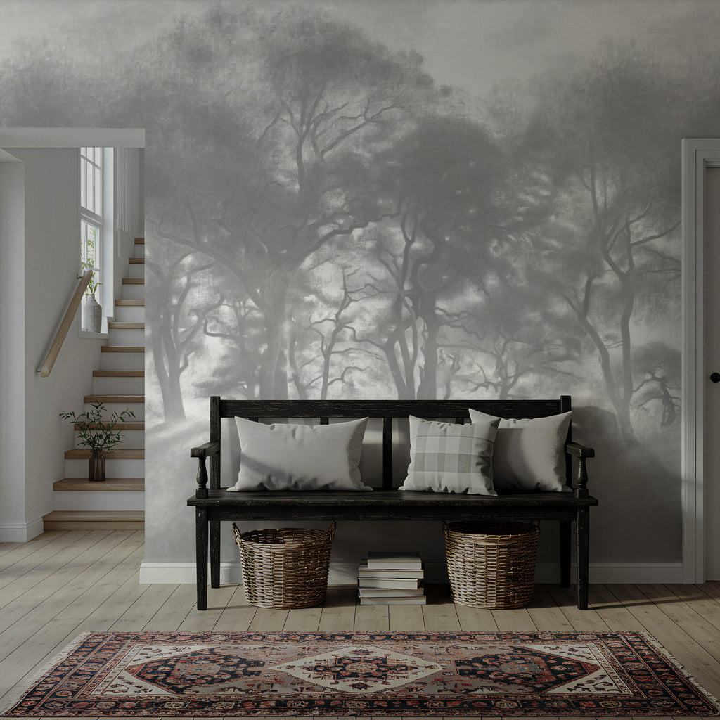 Misty Forest Wallpaper : Charcoal Tree Silhouette Mural