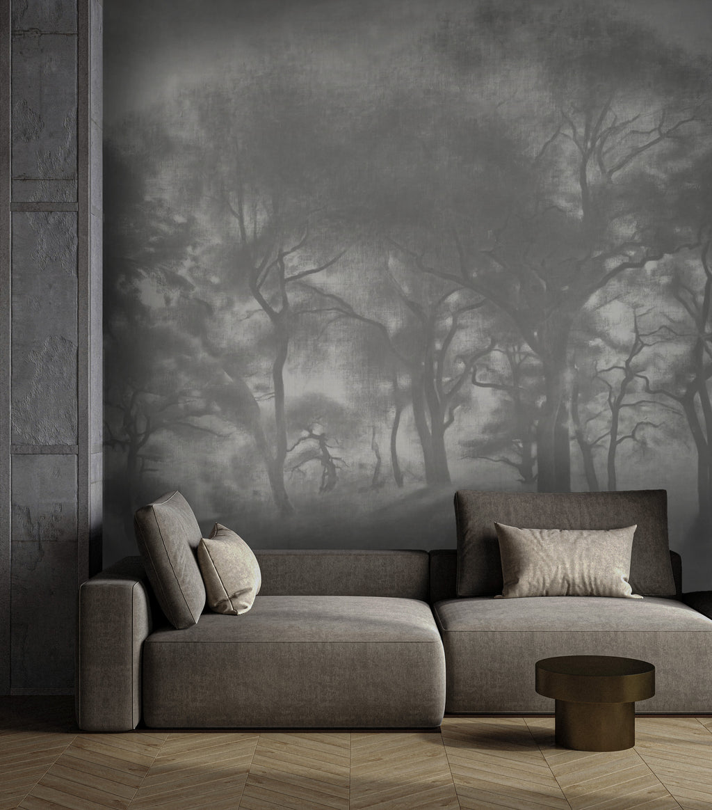 Misty Forest Wallpaper : Charcoal Tree Silhouette Mural - View 2