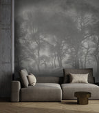 Misty Forest Wallpaper : Charcoal Tree Silhouette Mural - View 2