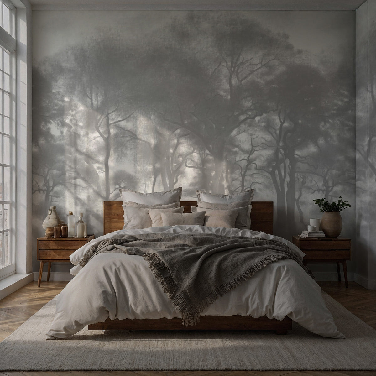 Misty Forest Wallpaper : Charcoal Tree Silhouette Mural - View 3