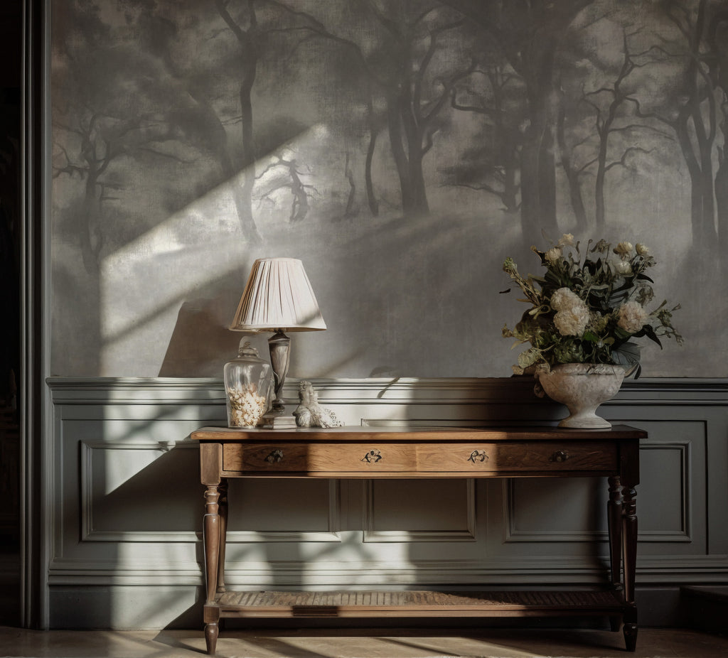 Misty Forest Wallpaper : Charcoal Tree Silhouette Mural - View 4