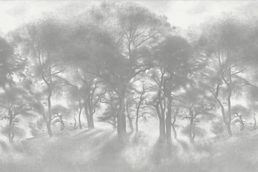 Misty Forest Wallpaper : Charcoal Tree Silhouette Mural - flat design
