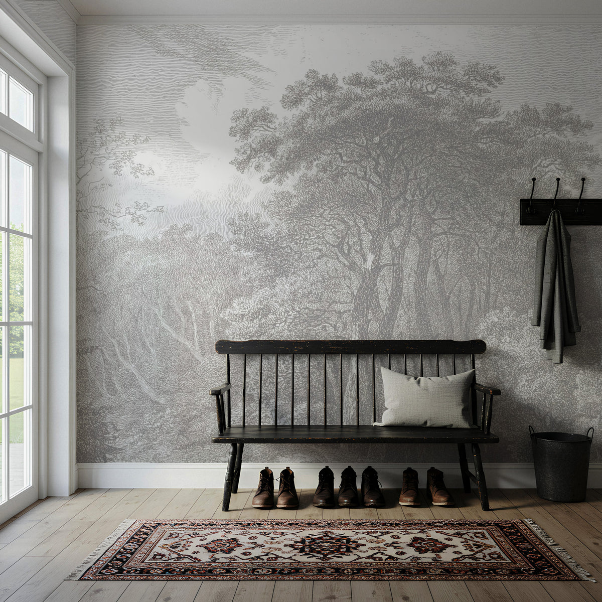 Engraved Forest Wallpaper : Grey Vintage Tree Landscape Mural