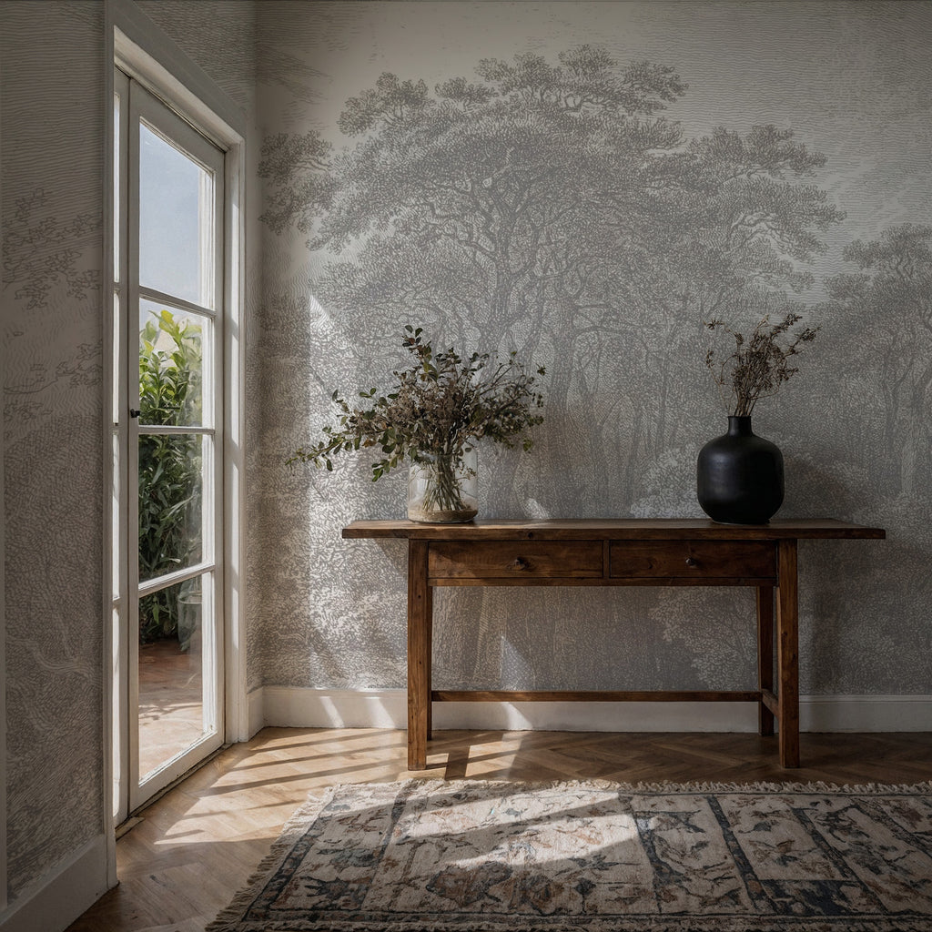 Engraved Forest Wallpaper : Grey Vintage Tree Landscape Mural - View 2