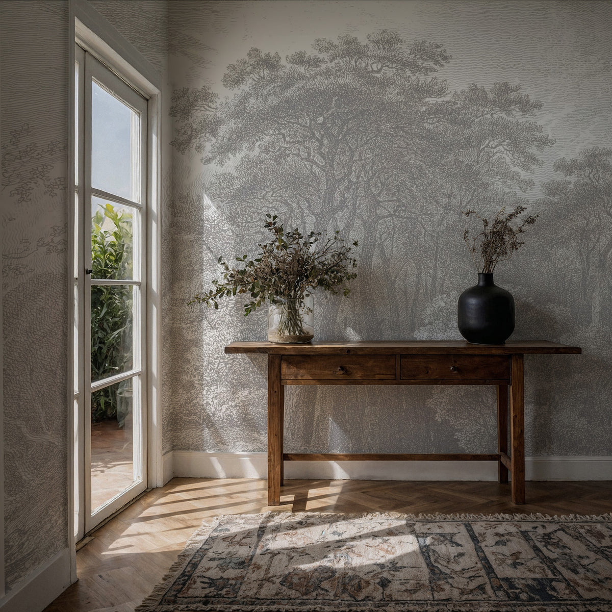 Engraved Forest Wallpaper : Grey Vintage Tree Landscape Mural - View 2