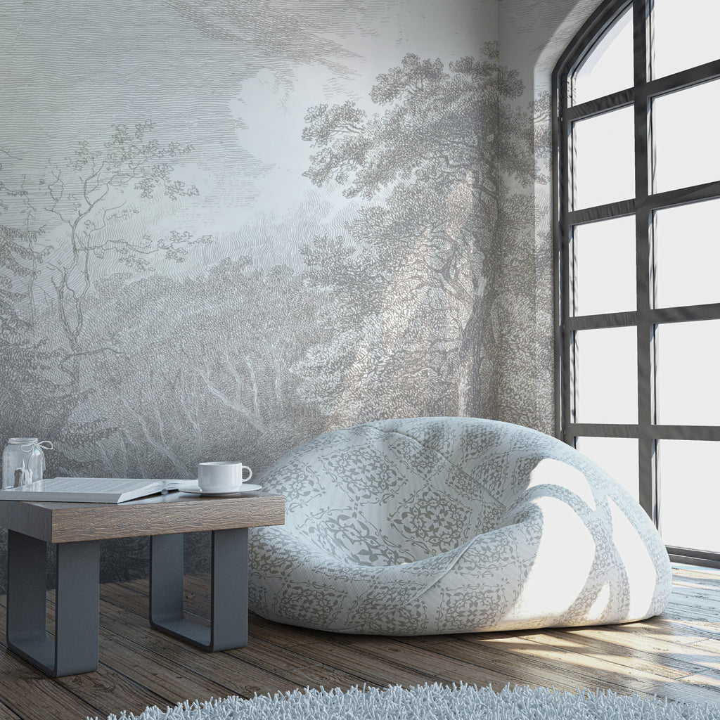 Engraved Forest Wallpaper : Grey Vintage Tree Landscape Mural - View 3