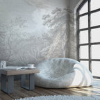 Engraved Forest Wallpaper : Grey Vintage Tree Landscape Mural - View 3