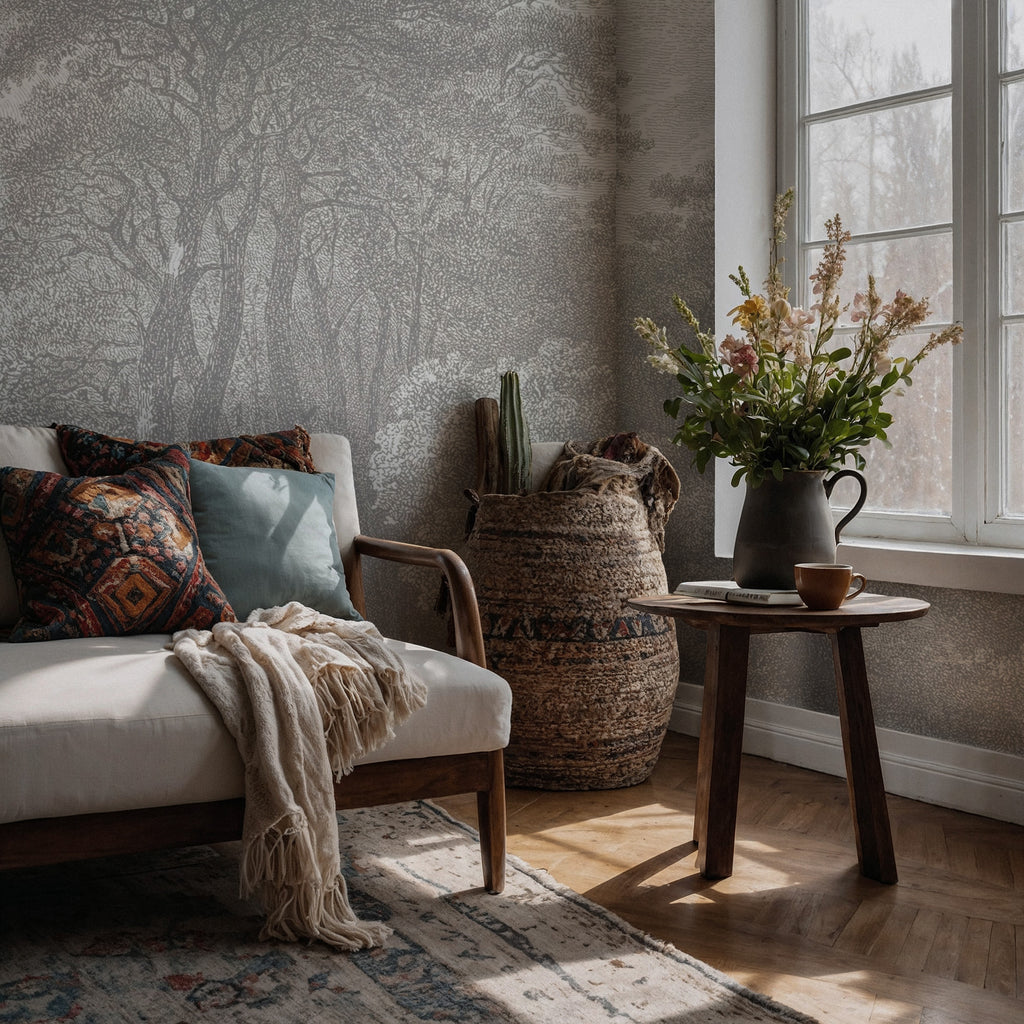 Engraved Forest Wallpaper : Grey Vintage Tree Landscape Mural - View 4