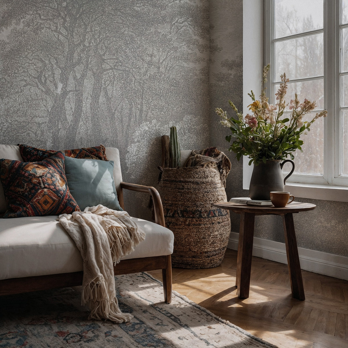 Engraved Forest Wallpaper : Grey Vintage Tree Landscape Mural - View 4