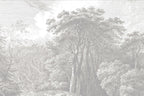 Engraved Forest Wallpaper : Grey Vintage Tree Landscape Mural - flat design
