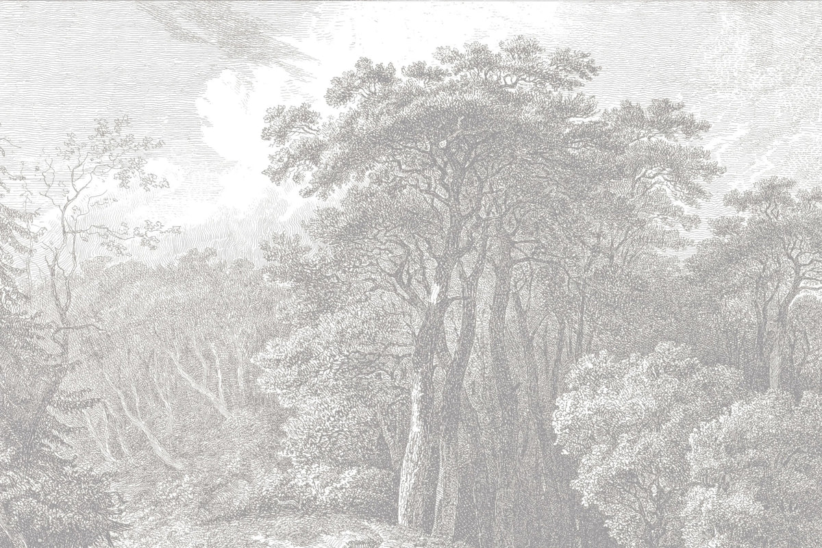 Engraved Forest Wallpaper : Grey Vintage Tree Landscape Mural - flat design