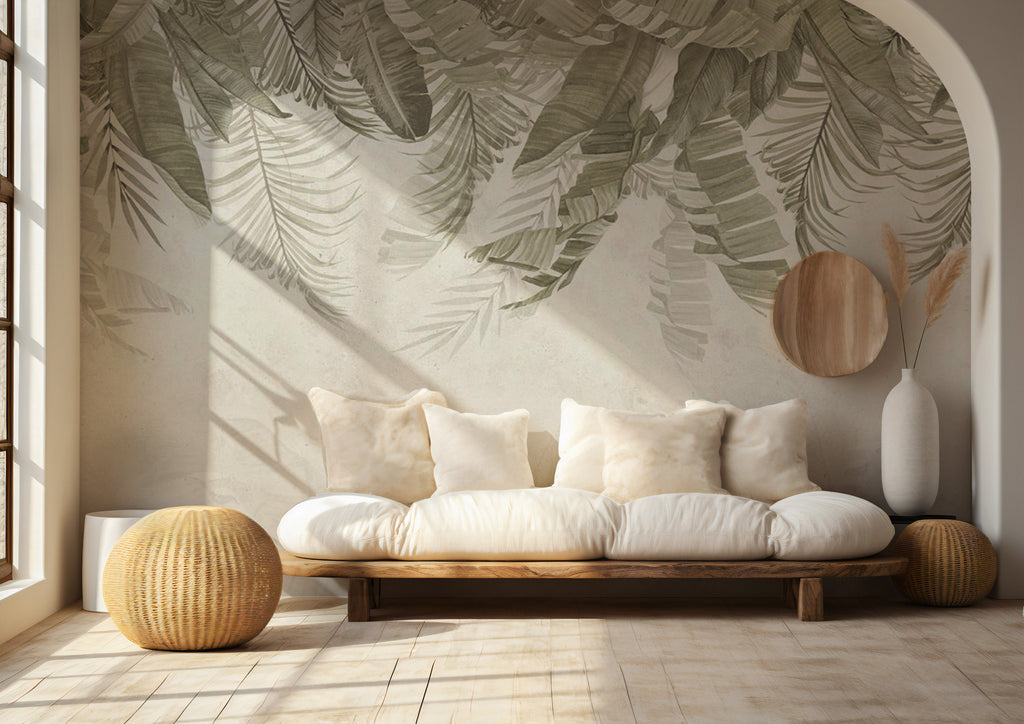 Hanging Tropical Leaf Wallpaper : Soft Green Palm Mural