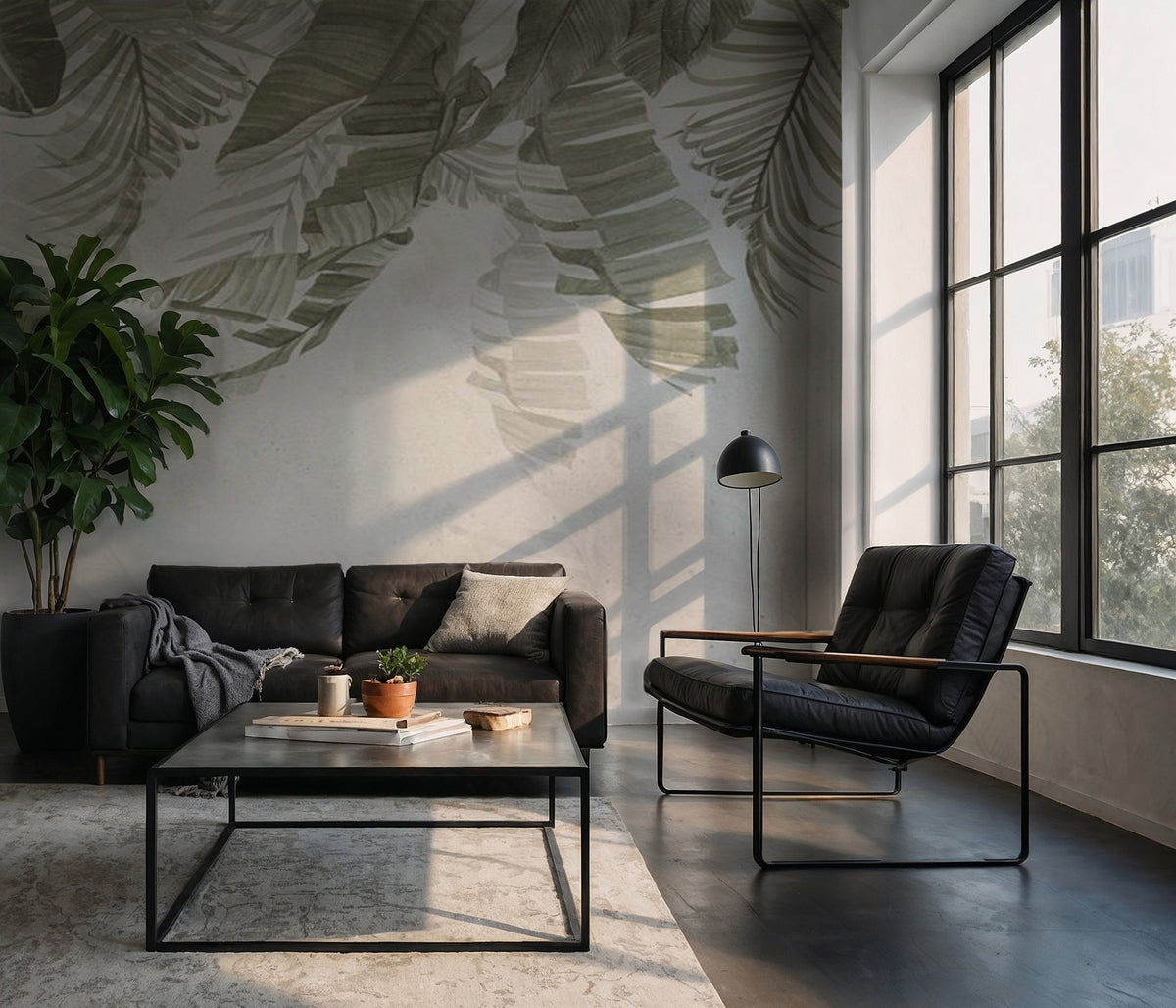 Hanging Tropical Leaf Wallpaper : Soft Green Palm Mural - View 2