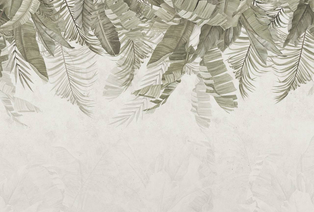 Hanging Tropical Leaf Wallpaper : Soft Green Palm Mural - flat design