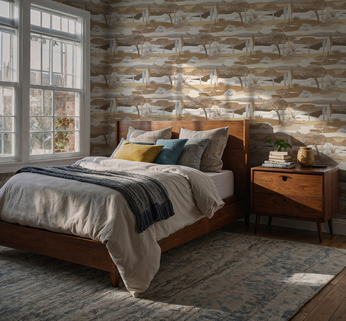 Earth Tone Valley Wallpaper : Boho Hills and Trees Mural - View 3