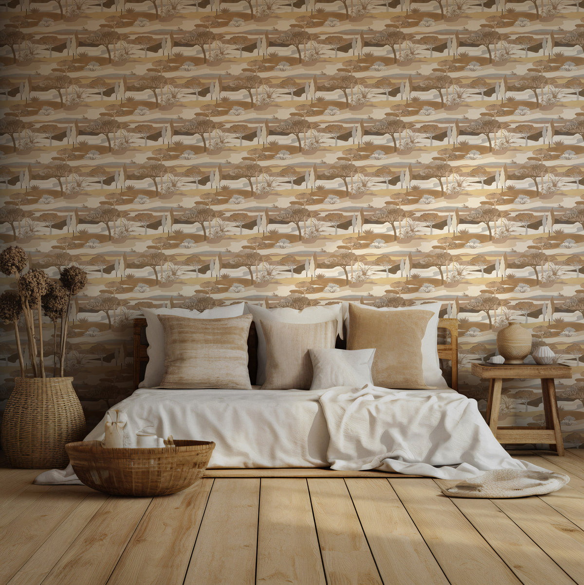 Earth Tone Valley Wallpaper : Boho Hills and Trees Mural - View 2