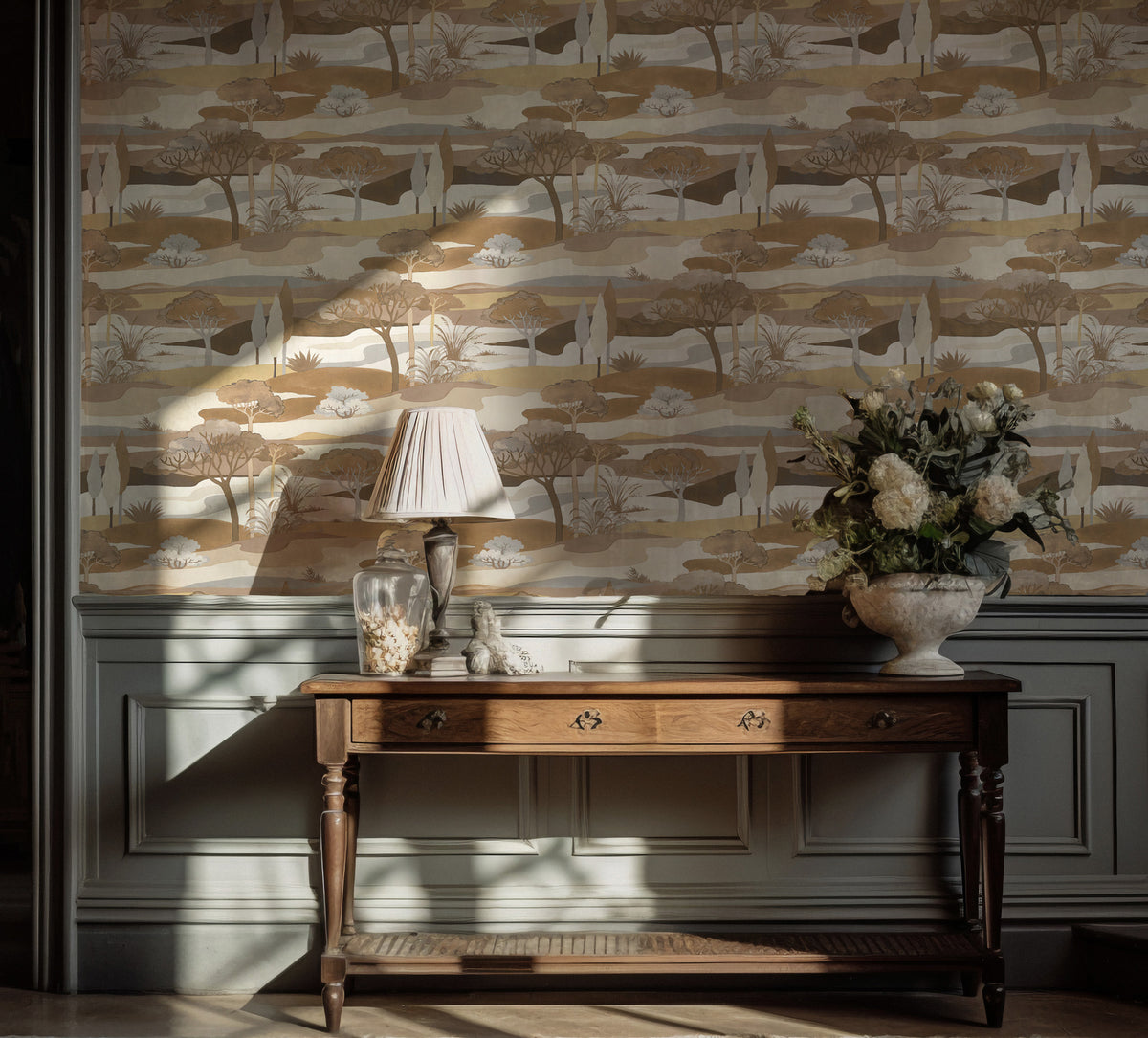 Earth Tone Valley Wallpaper : Boho Hills and Trees Mural