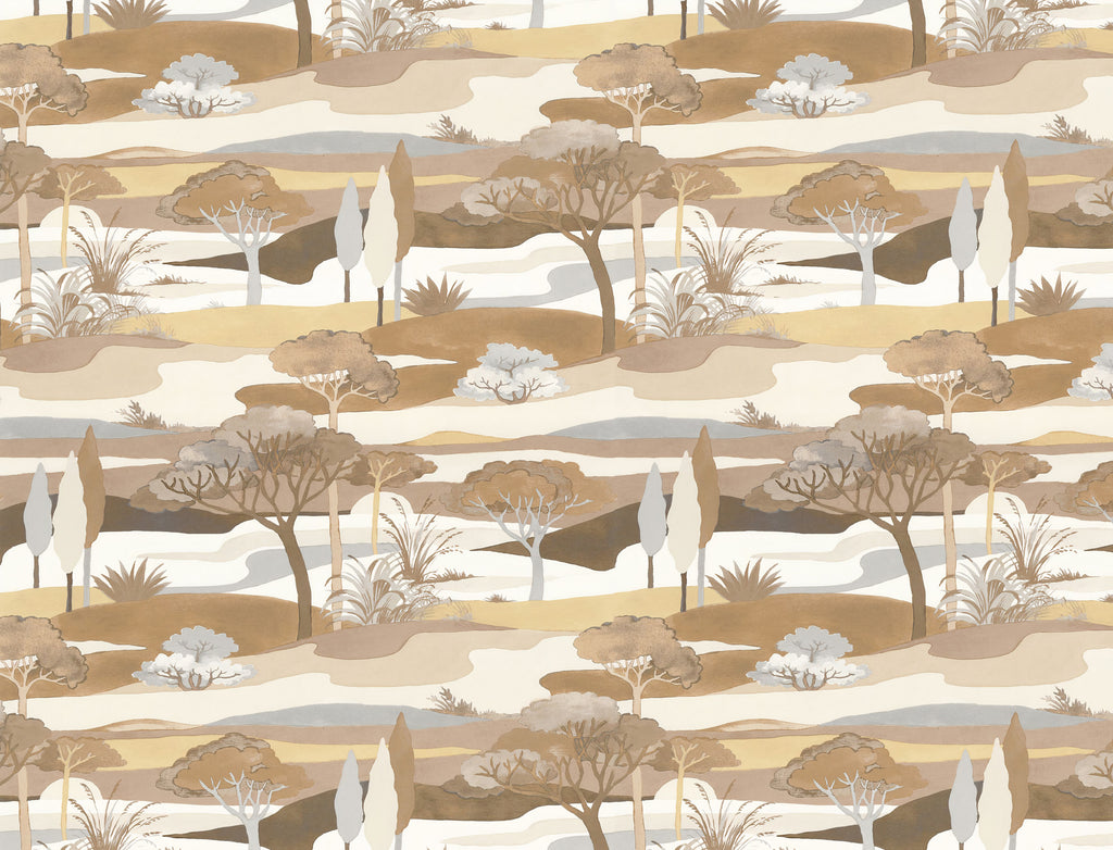 Earth Tone Valley Wallpaper : Boho Hills and Trees Mural - flat design