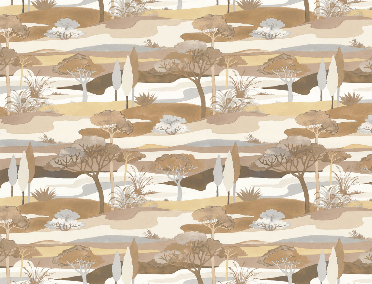 Earth Tone Valley Wallpaper : Boho Hills and Trees Mural - flat design