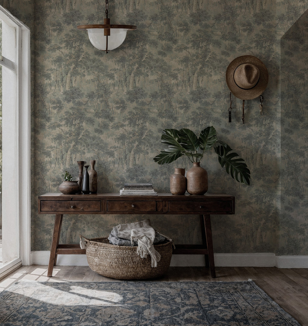 Vintage Tree Wallpaper : Grey Green Woodland Toile Mural