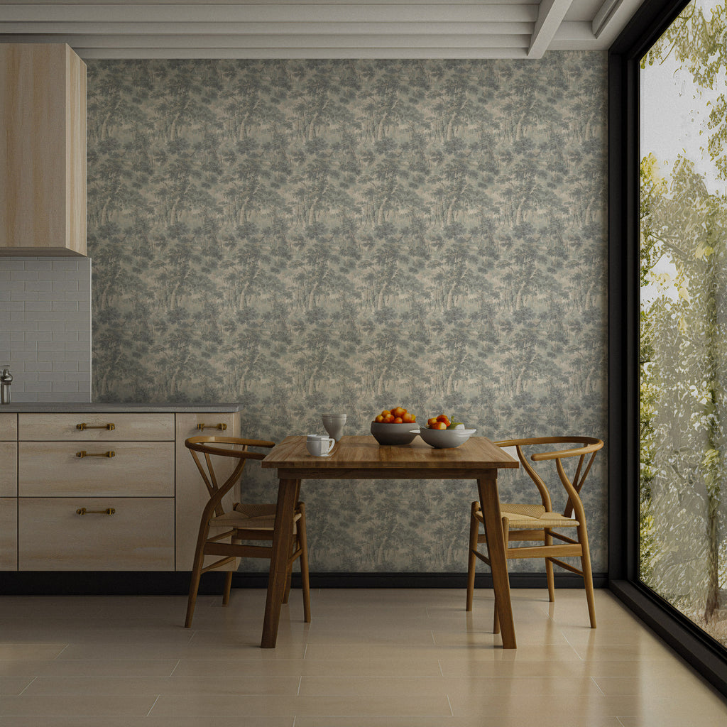 Vintage Tree Wallpaper : Grey Green Woodland Toile Mural - View 3