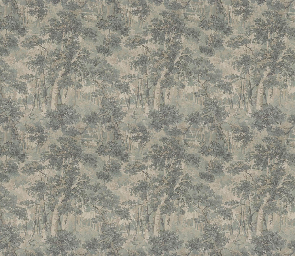 Vintage Tree Wallpaper : Grey Green Woodland Toile Mural - flat design