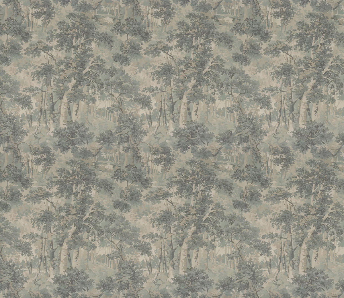 Vintage Tree Wallpaper : Grey Green Woodland Toile Mural - flat design