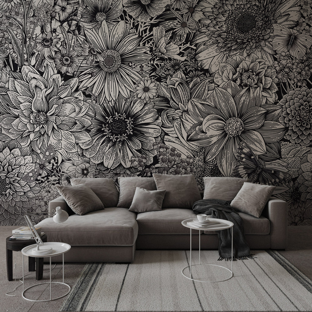 Black and White Flower Wallpaper : Sketch Floral Mural - View 2
