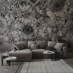 Black and White Flower Wallpaper : Sketch Floral Mural - View 2