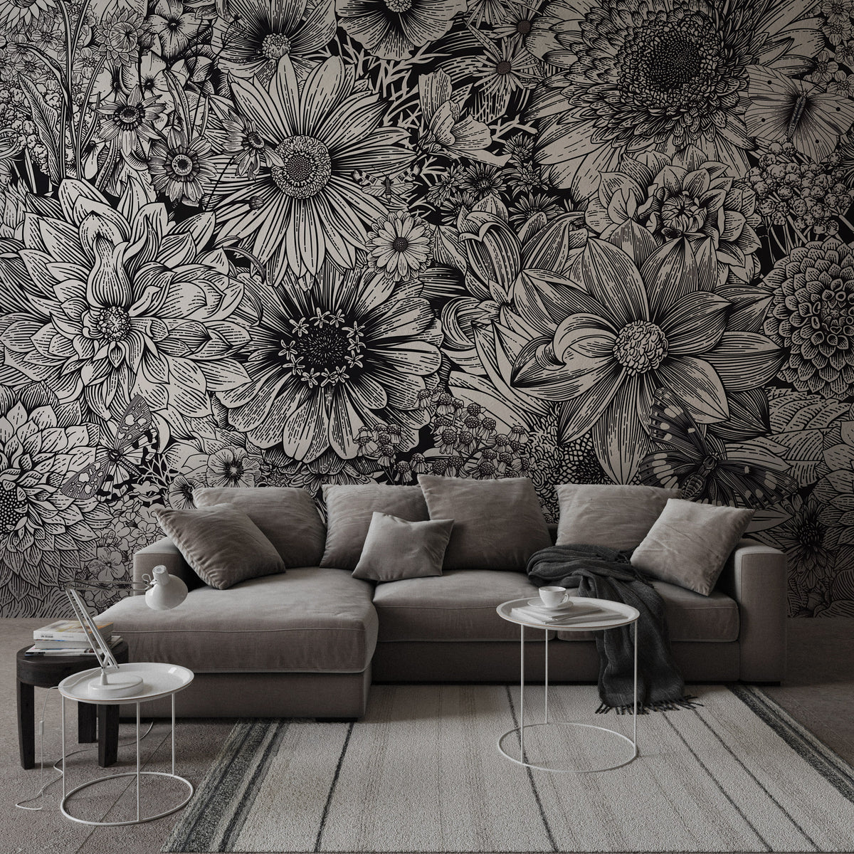 Black and White Flower Wallpaper : Sketch Floral Mural - View 2