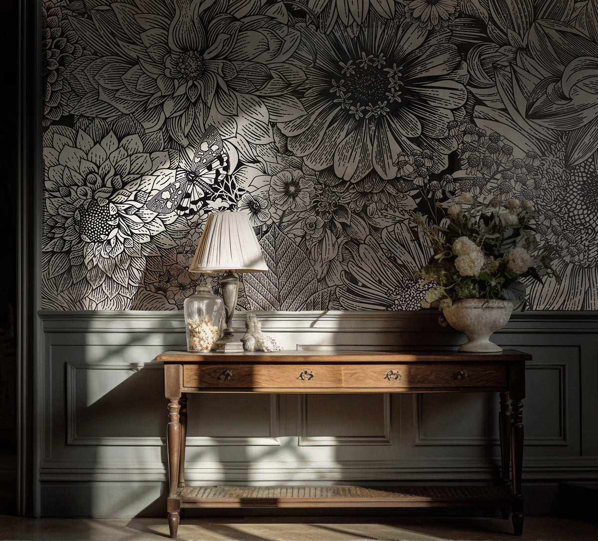 Black and White Flower Wallpaper : Sketch Floral Mural - View 3