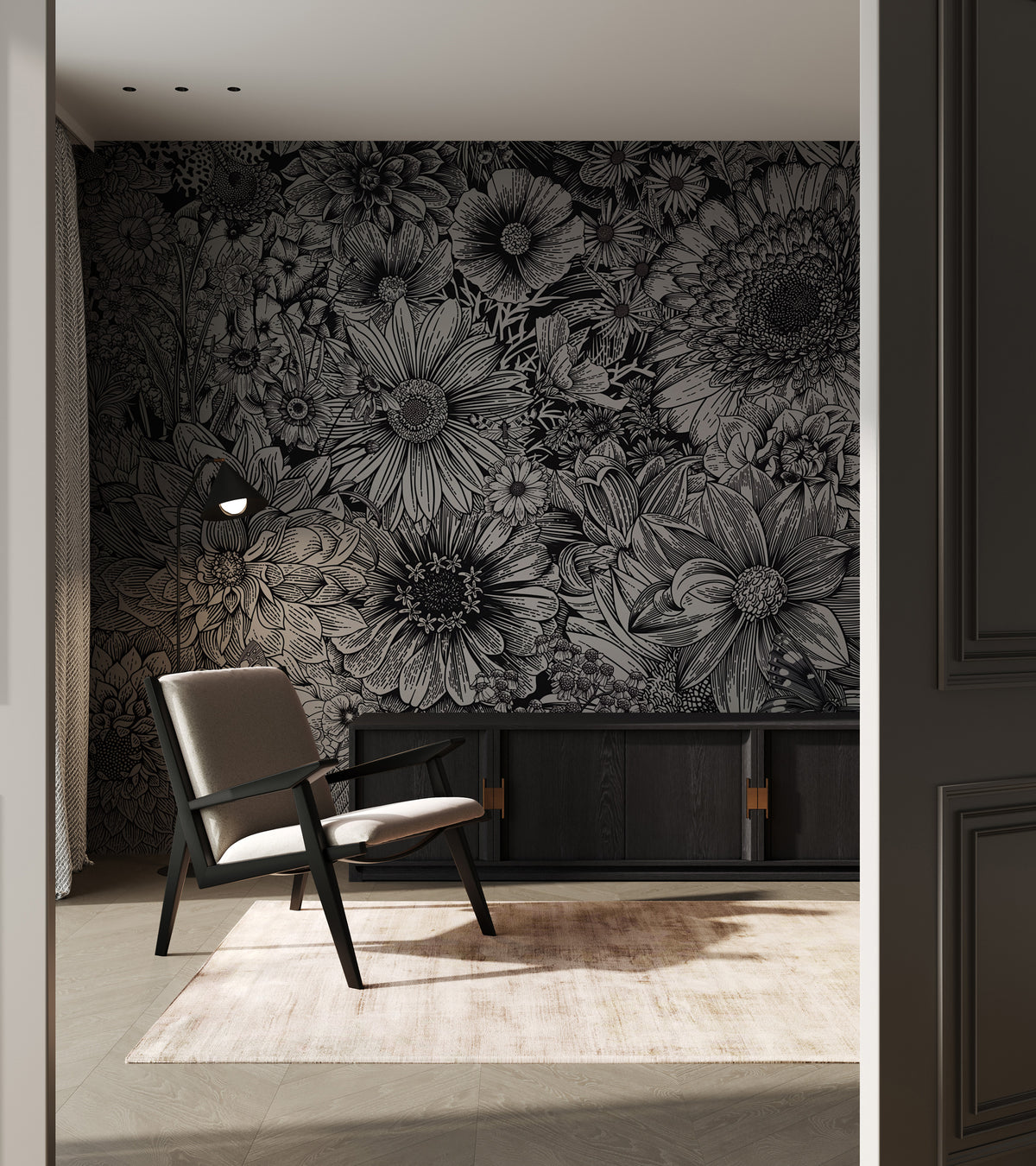 Black and White Flower Wallpaper : Sketch Floral Mural - View 4