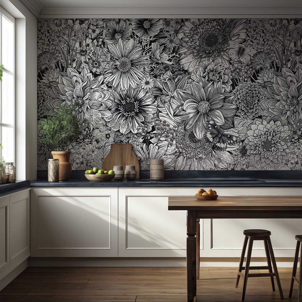 Black and White Flower Wallpaper : Sketch Floral Mural