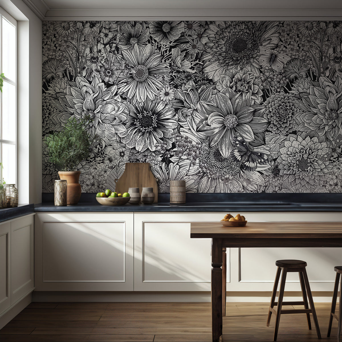 Black and White Flower Wallpaper : Sketch Floral Mural