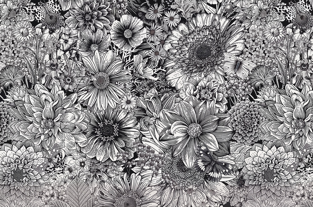 Black and White Flower Wallpaper : Sketch Floral Mural - flat design