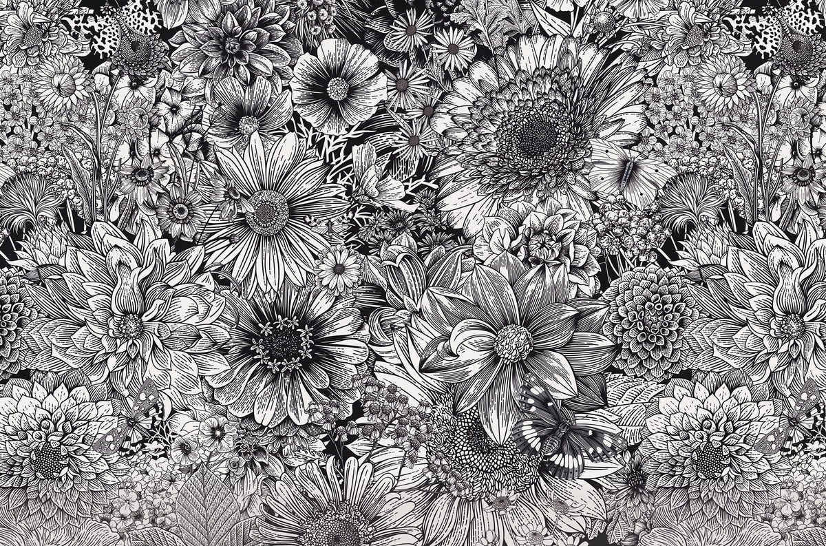 Black and White Flower Wallpaper : Sketch Floral Mural - flat design