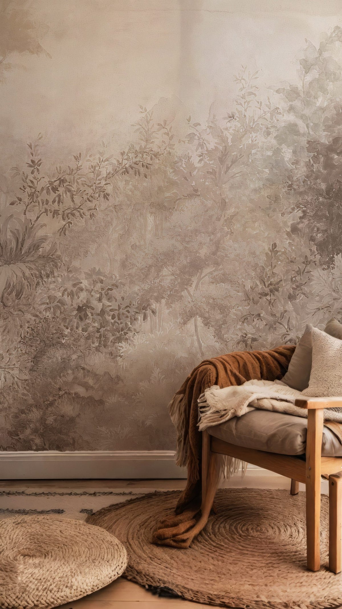 Watercolor Leaves Wallpaper : Soft Taupe Botanical Mural - View 3