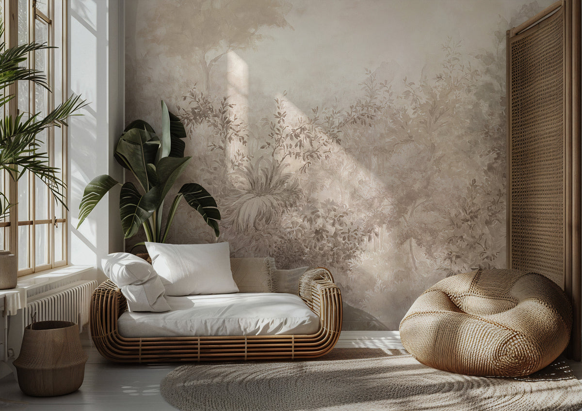 Watercolor Leaves Wallpaper : Soft Taupe Botanical Mural - View 4