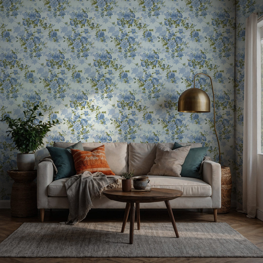 Blue Peony Wallpaper : Endless Blue Flowers Pattern Mural - View 4
