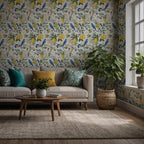 Lemon Botanical Wallpaper : Blueberries and Bird Pattern Mural - View 3