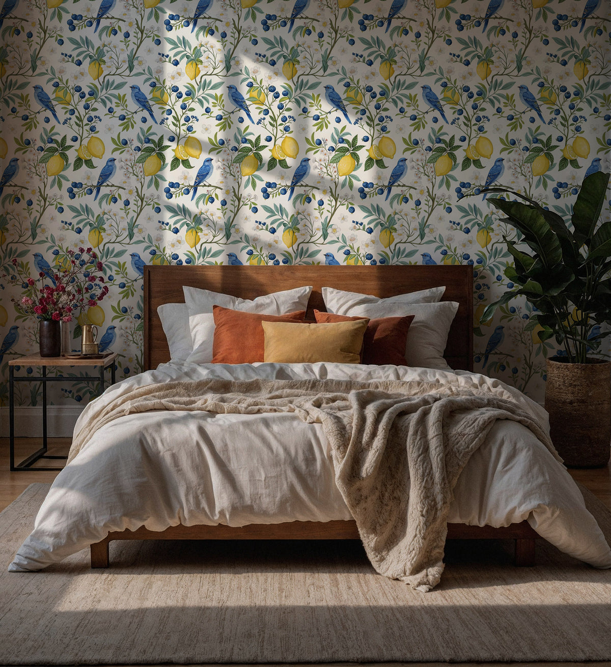 Lemon Botanical Wallpaper : Blueberries and Bird Pattern Mural - View 4