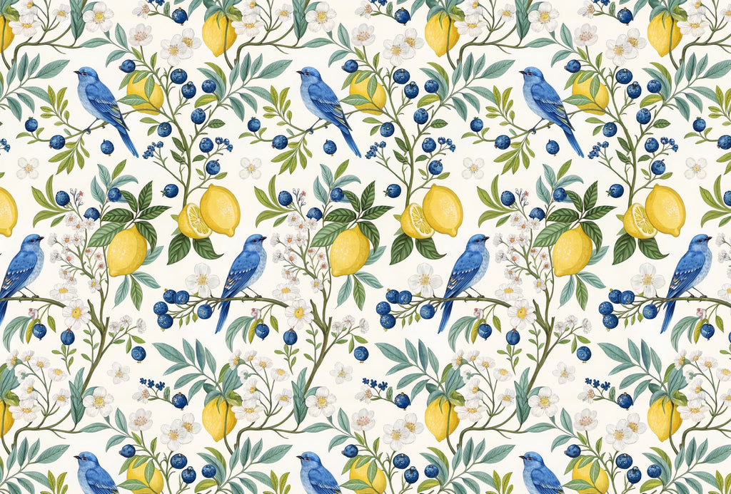 Lemon Botanical Wallpaper : Blueberries and Bird Pattern Mural - View 2