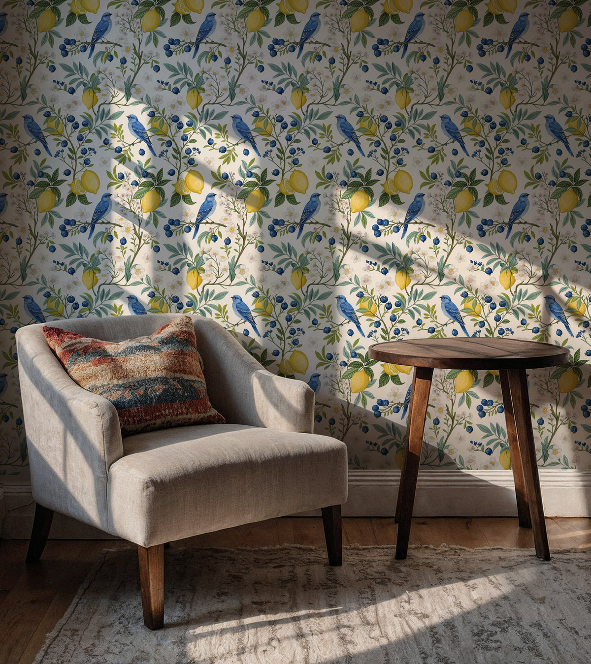 Lemon Botanical Wallpaper : Blueberries and Bird Pattern Mural